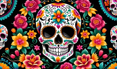 Illustration of colorfully decorated Day of the Dead sugar skulls, traditional mexican festival.