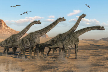 雄大な自然を歩くブラキオサウルスの群れ