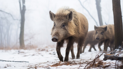 wild boars in winter nature, wild nature