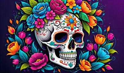 Illustration of colorfully decorated Day of the Dead sugar skulls, traditional mexican festival.