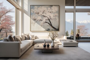 Serene living room with inviting sofa, soft rug, and large painting of cherry blossoms, creating a tranquil and relaxing oasis.