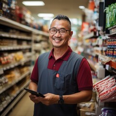 portrait of handsome  staff man salesman in apron standing and looking at camera in grocery store supermarket. Male worker seller or small business owner. indoor. food, groceries market smile