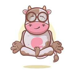 funny cow animal character mascot with yoga meditation pose isolated cartoon