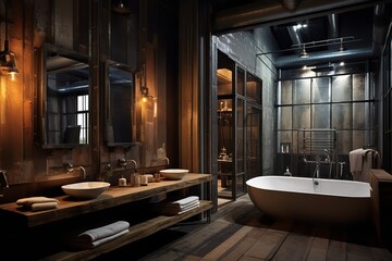 Opulent bathroom with freestanding bathtub, two sinks, marble floors, and crystal chandelier,...