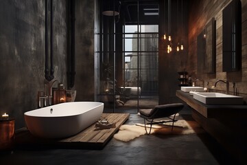Serene and inviting bathroom with freestanding bathtub, two sinks, and large mirror, creating a...