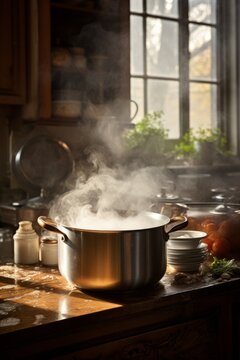 cozy kitchen with steam rising from a pot of stew  AI generated illustration
