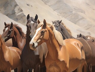 a herd of horses running in a Western-themed, horizontal format, photo illustration in JPG. Generative ai - obrazy, fototapety, plakaty