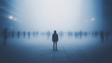 a crowd of people in blurry motion in the fog of a city street, abstract background, urban smoke, concept social issues