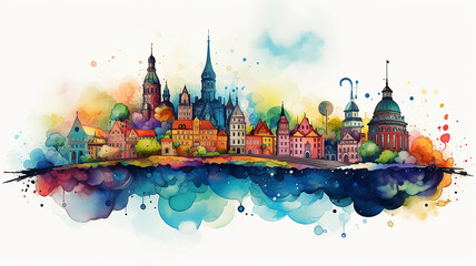 Fototapeta premium multicolored abstract city, watercolor illustration ink and spots of all colors of the rainbow isolated on a white background, composition of a row of houses