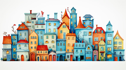 a row of colorful watercolor houses, a city street is a simple multicolored illustration for a children's book