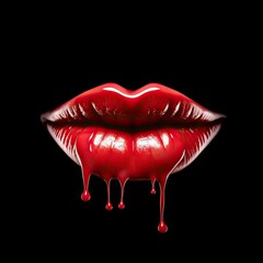 a woman's plump lips with red lipstick, on a black background, dripping, glamour in a Passion/Fashion-themed, horizontal format of photorealistic illustration in JPG. Generative ai