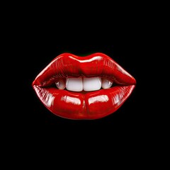 Obraz premium a woman's plump lips with red lipstick, on a black background, with white teeth, glamour in a Passion/Fashion-themed, horizontal format of photorealistic illustration in JPG. Generative ai