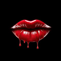 Fototapeta premium a woman's plump lips with red lipstick, on a black background, dripping, glamour in a Passion/Fashion-themed, horizontal format of photorealistic illustration in JPG. Generative ai