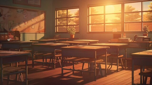 Cosy anime style classroom with morning sunlight coming in through the classroom window. seamless looping time-lapse virtual 4k video animation background. Generated with AI