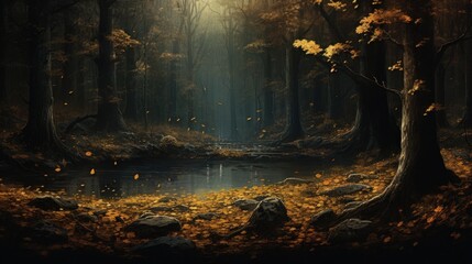 forest scene with gently falling autumn leaves AI generated illustration - obrazy, fototapety, plakaty