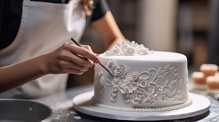 Fototapeta na wymiar An artisan creating a beautiful cake for a ceremony, reflecting the art of fine pastry. Generative AI.