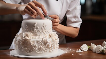 An artisan creating a beautiful cake for a ceremony, reflecting the art of fine pastry. Generative AI.