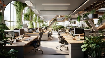 A modern office, with ergonomic spaces and many plants, to provide natural oxygen to the environment and more health for its workers. Generative AI. - obrazy, fototapety, plakaty