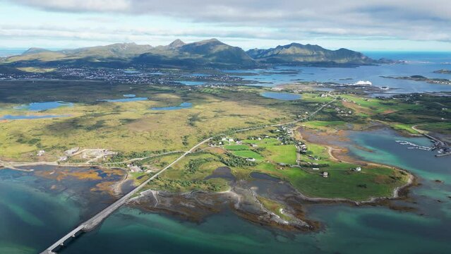 Lofoten Islands Mountain Landscape and Panorama in Leknes, Norway, Scandinavia - Aerial Circling