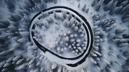 Aerial view of a snow-covered forest with a narrow path cutting through the dense pine trees,