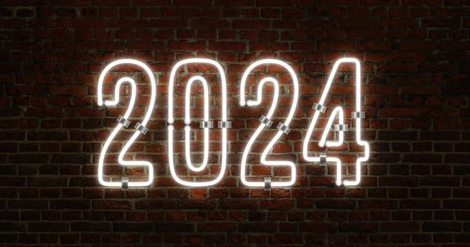 3D 2024 Happy New Year Neon Light Flickering Animation Shining Over a Brick Wall Background