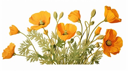 California poppies, botanical illustration on a light background in a Floral-themed, horizontal format of photorealistic illustration in JPG. Generative ai