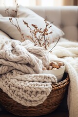 Obraz premium knitting basket with woolen yarns and a half-knitted sweater on a comfortable couch AI generated illustration