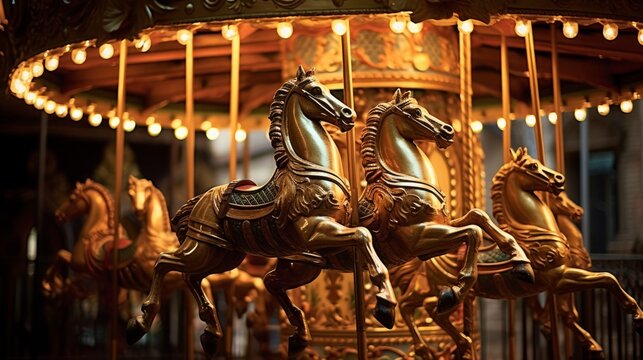 merry-go-round in motion with antique brass horses AI generated illustration
