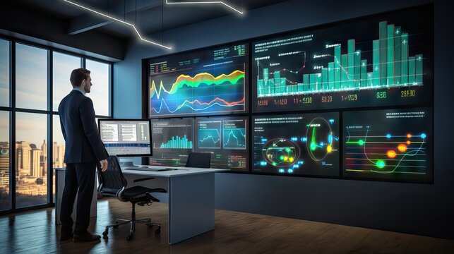 a dashboard-style panel in an advanced command center, with a modern and technological look, focused on big data. Generative AI.