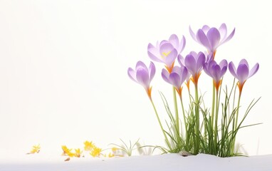 Happy start of spring poster. Tall purple crocus flowers in the snow isolated on white background. Copy space at the left. Pastel violet, lilac, green colors. Fresh sale banner design. AI Generative.
