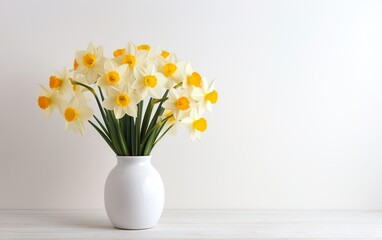 Fototapeta na wymiar Happy start of spring poster. Beautiful yellow daffodils bouquet with green leafs in white round vase on white wooden textured table surface. Garden flowers. Copy space. Fresh design. AI Generative.