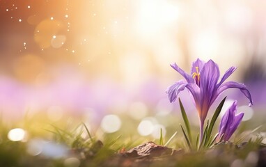 Happy start of spring poster. Beautiful purple iris close up on nice blurred background. Spring flowers in the garden. Copy space. Pastel colors. Bokeh, de focus, evening sun light. AI Generative.