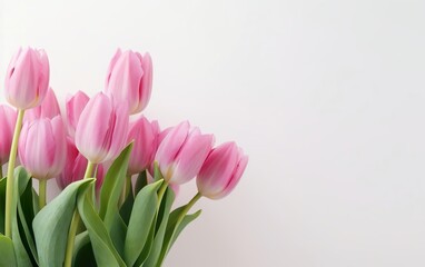Happy start of spring. Beautiful photorealistic pink tulips bouquet isolated on white background. Nice garden flowers. Copy space for your text. Pastel colors. Fresh sale banner design. AI Generative.