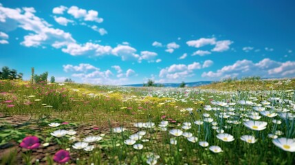 meadow with flowers under blue sky background
