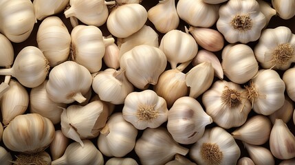 Top-view angle background of garlic vegetables. - obrazy, fototapety, plakaty