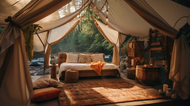 Glamping, glamourous camping, luxury camping in a horizontal background with outdoor accents in an outdoor-themed, photorealistic illustration in JPG. Generative ai