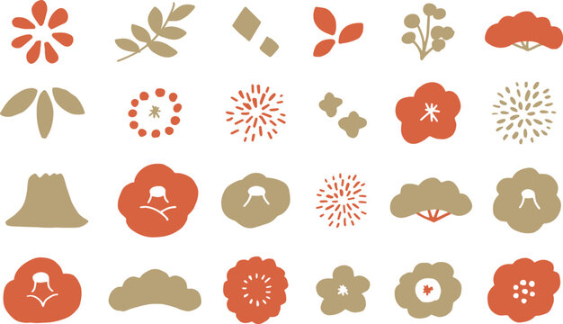 正月年賀状用素材。年賀状用の和風アイコンイラスト。椿や梅のシンプルアイコン。New Year's card material. Japanese style icon illustration for New Year's card. Simple icons of camellia and plum blossoms.
