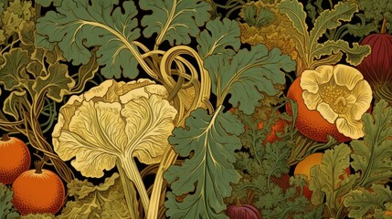 Autumn vegetables as a background with space for copy in a Gardening-themed, horizontal format of art nouveau illustration in JPG. Generative ai