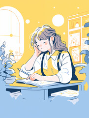 A young student lost in thought while studying at a desk bathed in soft yellow light