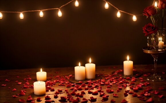Background for Valentine's concept, background bathed in hues of passionate reds, enchanting scene with scattered rose petals and flickering candles, Romantic and warm feeling.