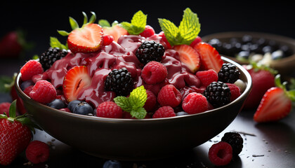 Fresh fruit salad with raspberry, strawberry, blueberry, and mint leaf generated by AI