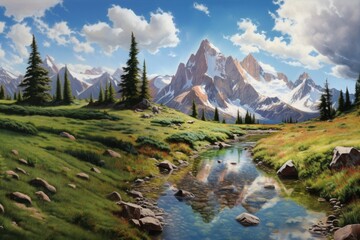 Fototapeta na wymiar a mountain landscape with trees and a stream in mid-summer, in a horizontal format in a get Outdoors-themed, photorealistic illustration in JPG. Generative ai