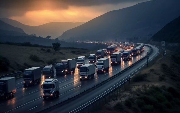 Realistic photo of trucks queuing on the freeway, with dusk in the background. generative ai