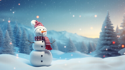 Obraz premium greeting card with a snowman, merry christmas and happy new year, light blurred background cartoon snowman in a snowfall, winter postcard