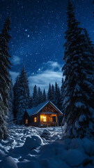 night winter landscape of nature, a lonely hut among the snowfall in the forest mountains, the shelter of a forester in the north,  dark blue evening vertical panorama