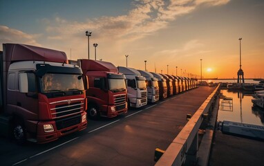 Realistic photo of trucks lined up at the port, queuing for the crossing. generative ai