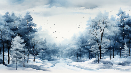 Obraz premium white watercolor snowfall in the forest, winter abstract background illustration with copy space, greeting card form