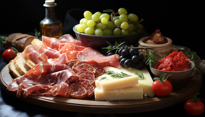 A rustic plate of prosciutto, salami, and Parmesan cheese generated by AI