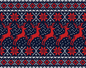 seamless pattern with christmas reindeer. tribal pattern. local fabric pattern. pixel pattern. cross stitch