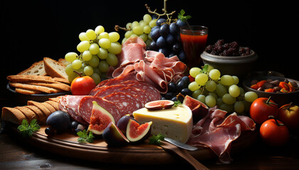 Fototapeta na wymiar A rustic plate of gourmet meat and cheese variations generated by AI